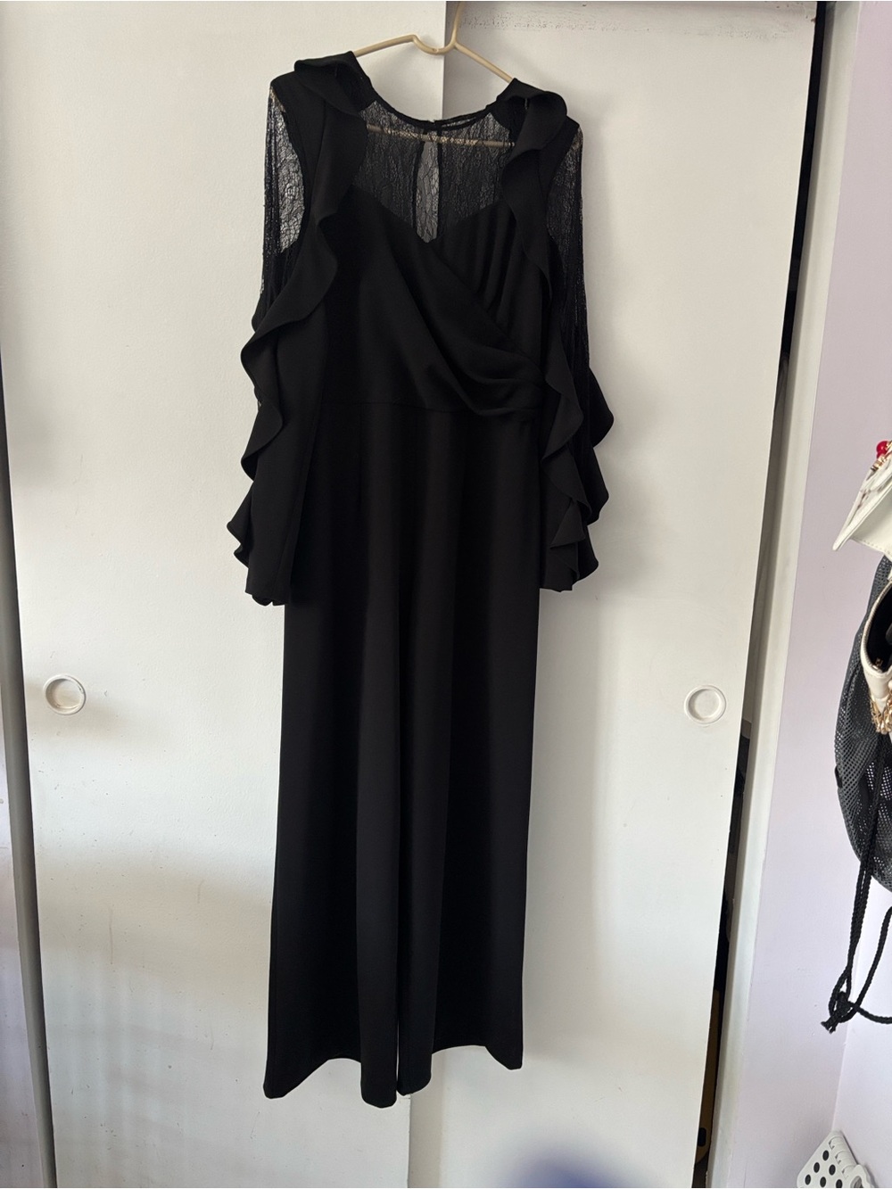 Adrianna Papell Elegant Black Lace-Trim Wide Leg Jumpsuit like new